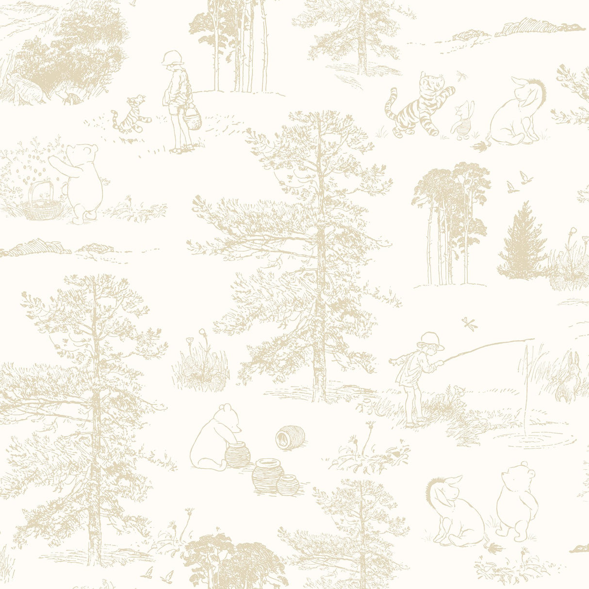 Winnie The Pooh Beige Toile Peel & Stick Wallpaper with Kids Novelty Style - York RMK12622RL