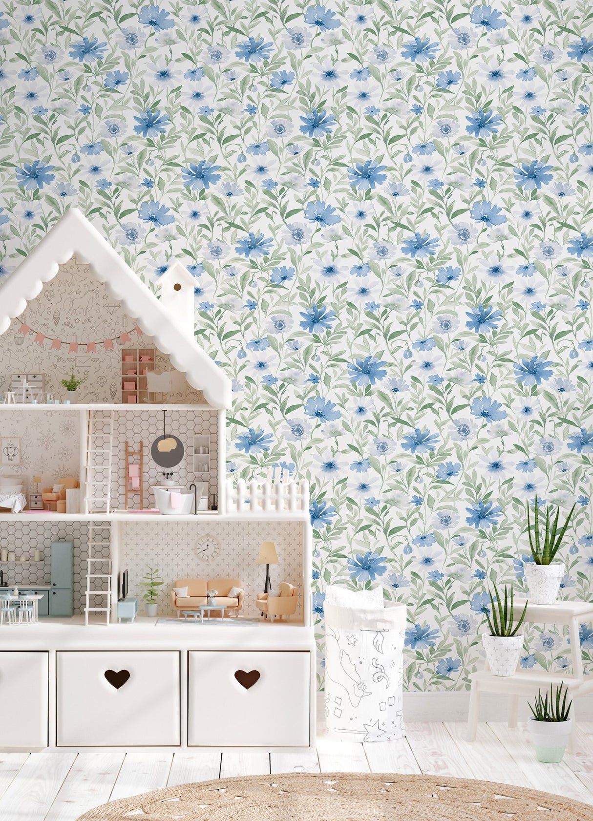 Flower Market Blue Peel & Stick Wallpaper with Botanical Watercolor Floral - York RMK12634PL