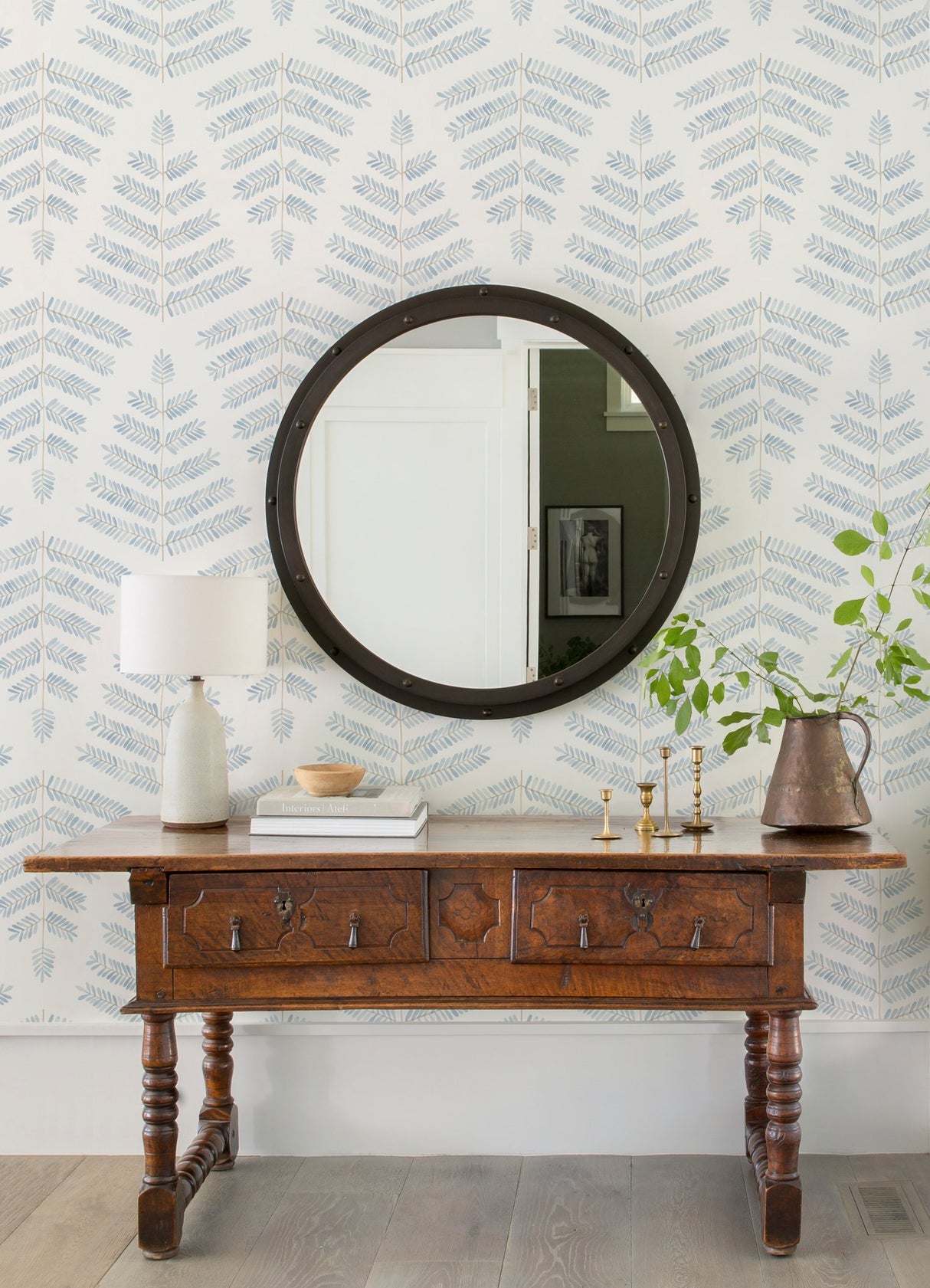 Cat Coquillette Leaflets Blue Peel & Stick Wallpaper with Modern Botanical Watercolor Leaf Pattern - York RMK12637PL