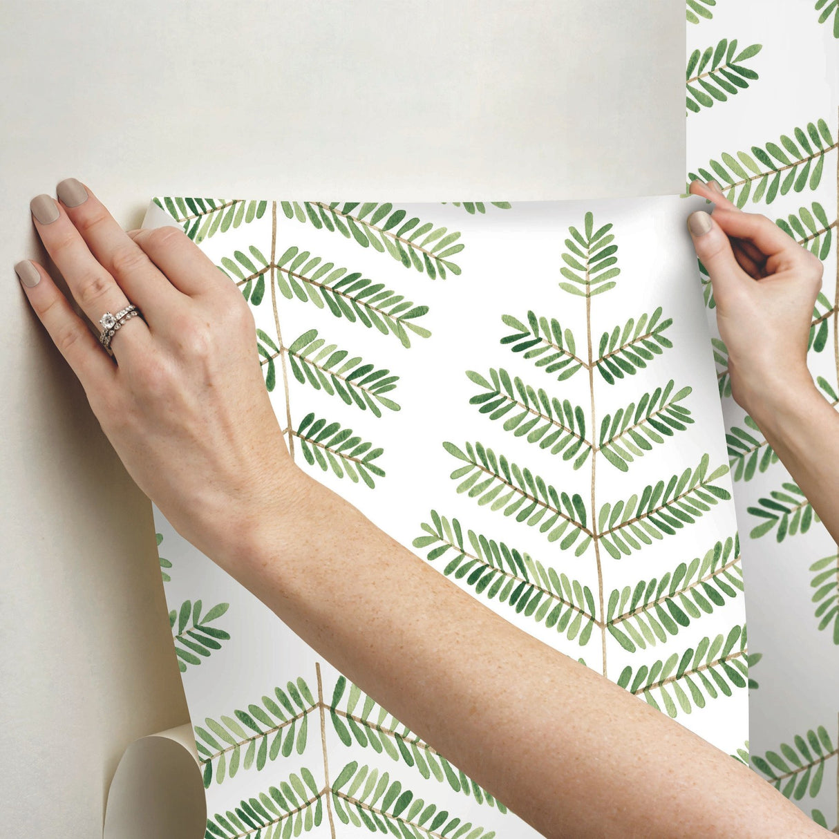Cat Coquillette Leaflets Green Peel & Stick Wallpaper with Watercolor Botanical Leaf Pattern - York RMK12638PL