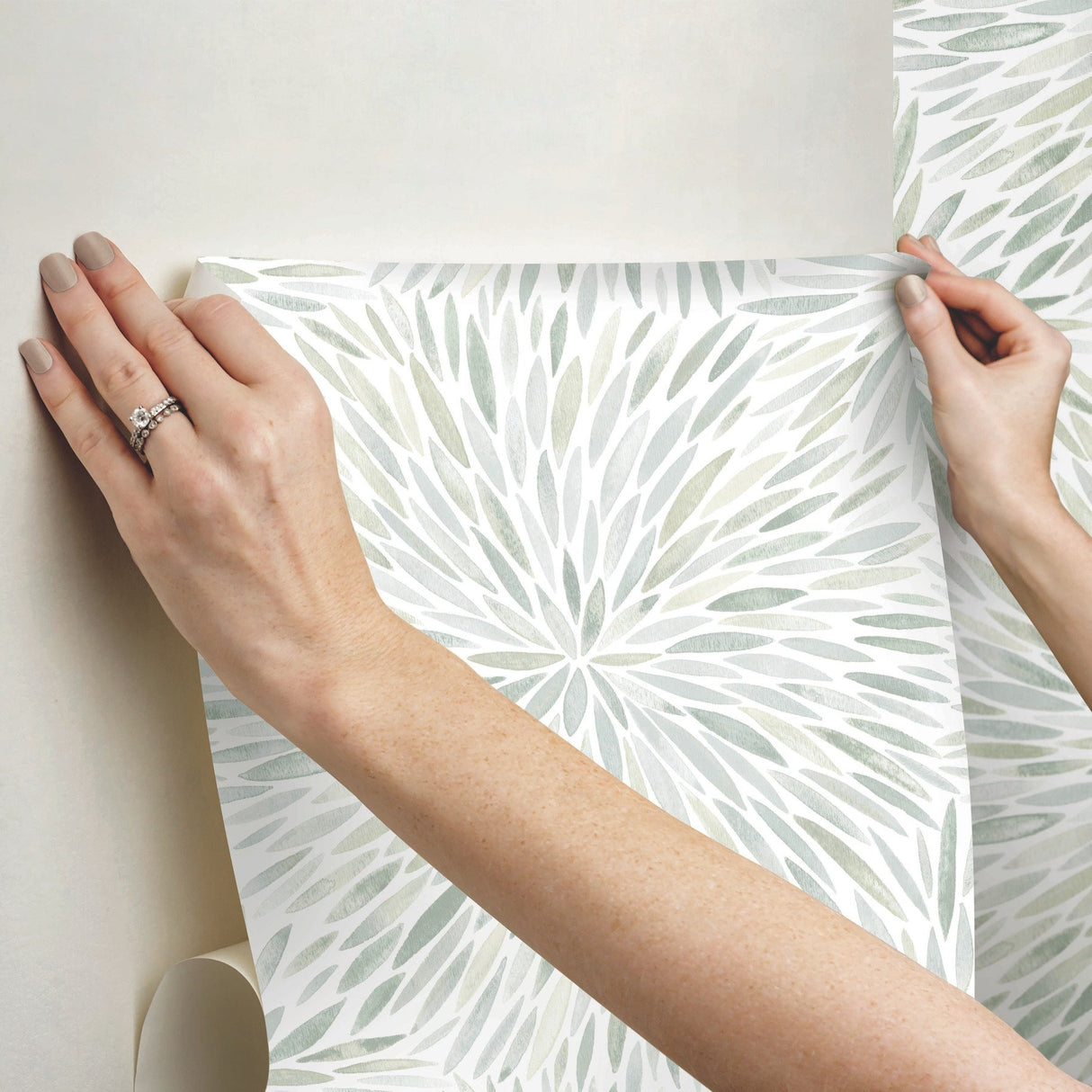 Cat Coquillette Burst Green Peel & Stick Wallpaper with Botanical Sunburst Motif - York RMK12644PL