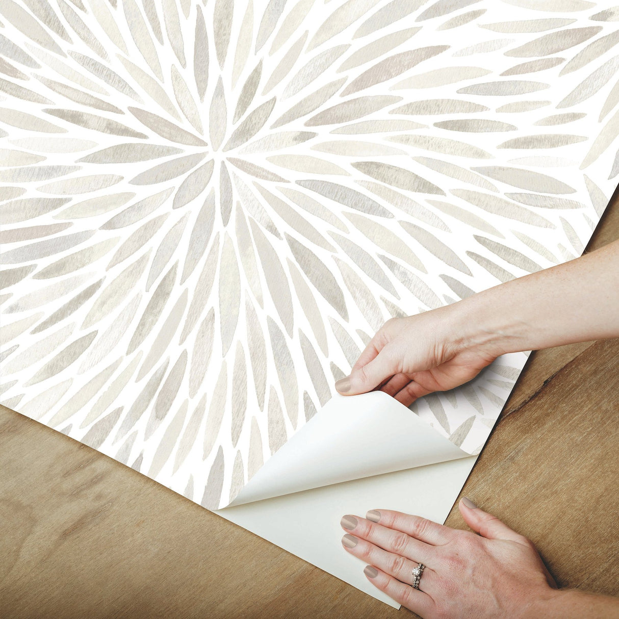 Cat Coquillette Burst Neutral Peel & Stick Wallpaper with Botanical Sunburst Motif - York RMK12645PL