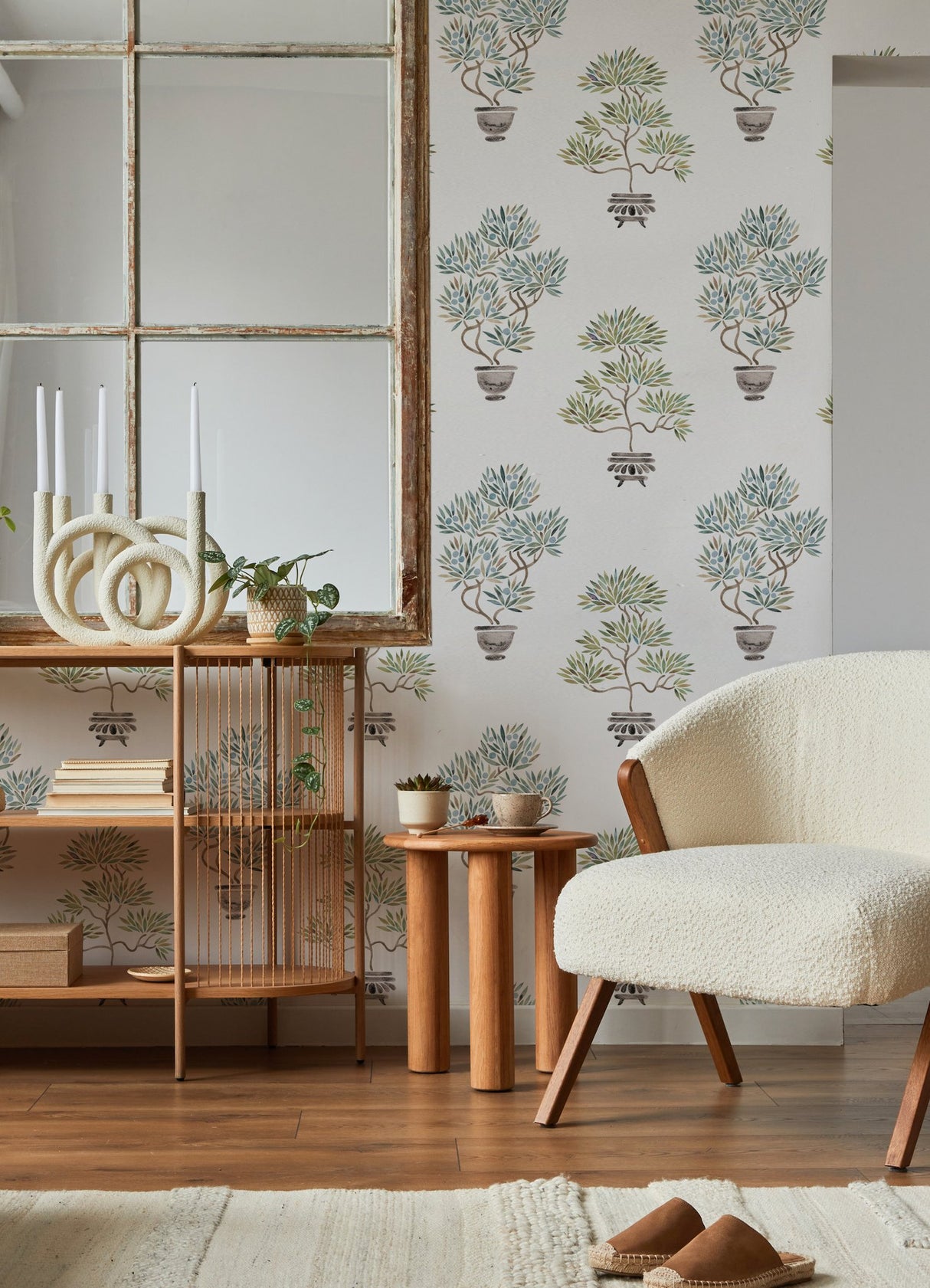 Cat Coquillette Bonsai Soft Green/Blue Peel & Stick Vinyl Wallpaper with Botanical Bonsai Pattern - York RMK12646RL