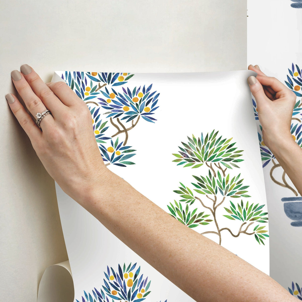 Cat Coquillette Bonsai Green/Blue Peel & Stick Wallpaper with Botanical Bonsai Motif - York RMK12647RL