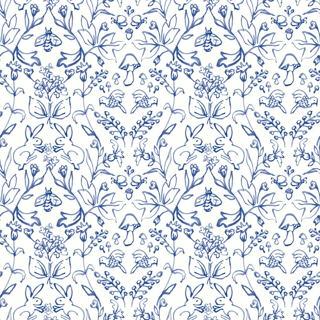 Meadow Blue Peel & Stick Wallpaper with Botanical Damask in Farmhouse Style - York RMK12663RL