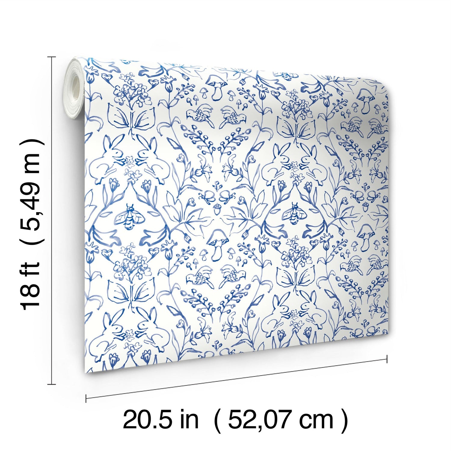 Meadow Blue Peel & Stick Wallpaper with Botanical Damask in Farmhouse Style - York RMK12663RL