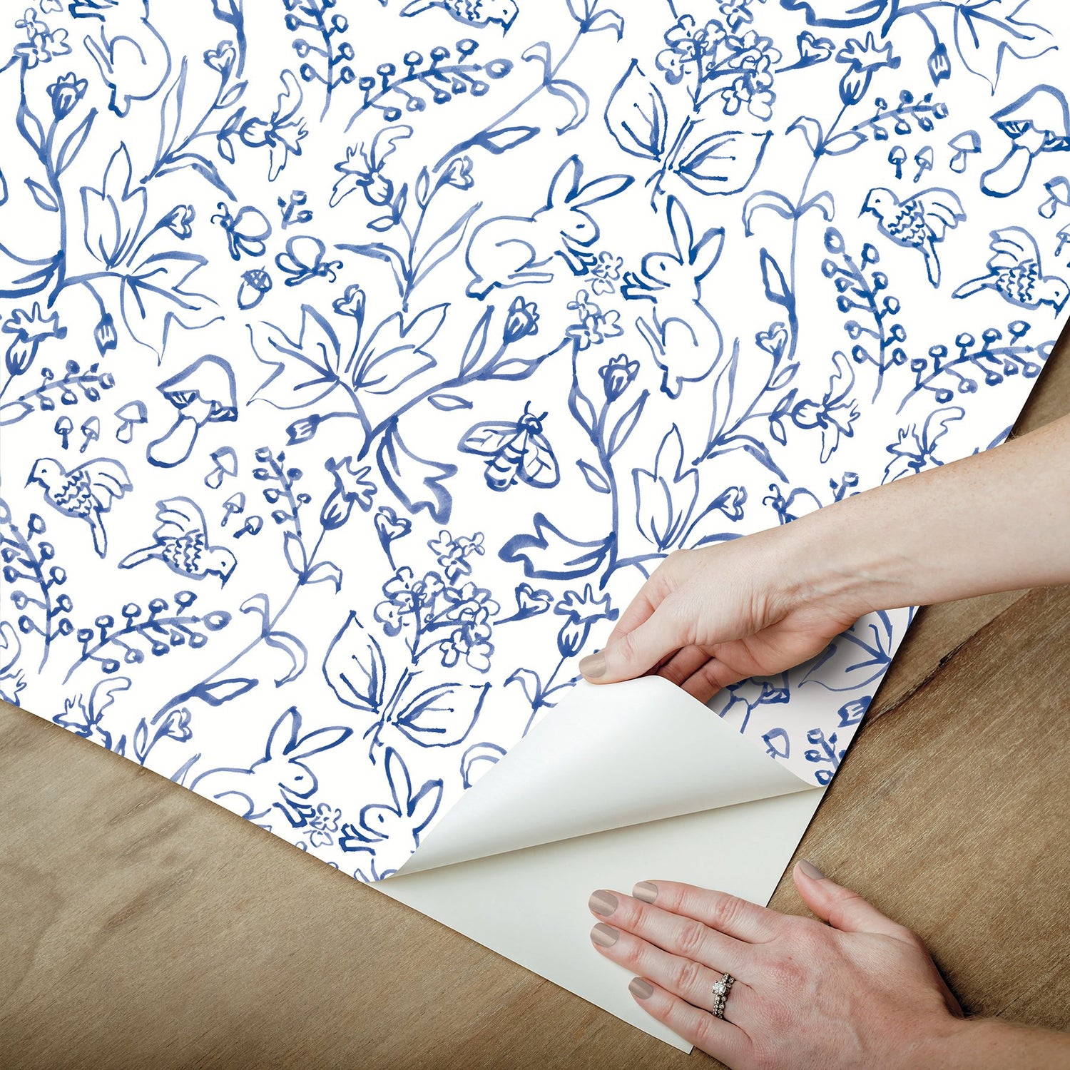 Meadow Blue Peel & Stick Wallpaper with Botanical Damask in Farmhouse Style - York RMK12663RL