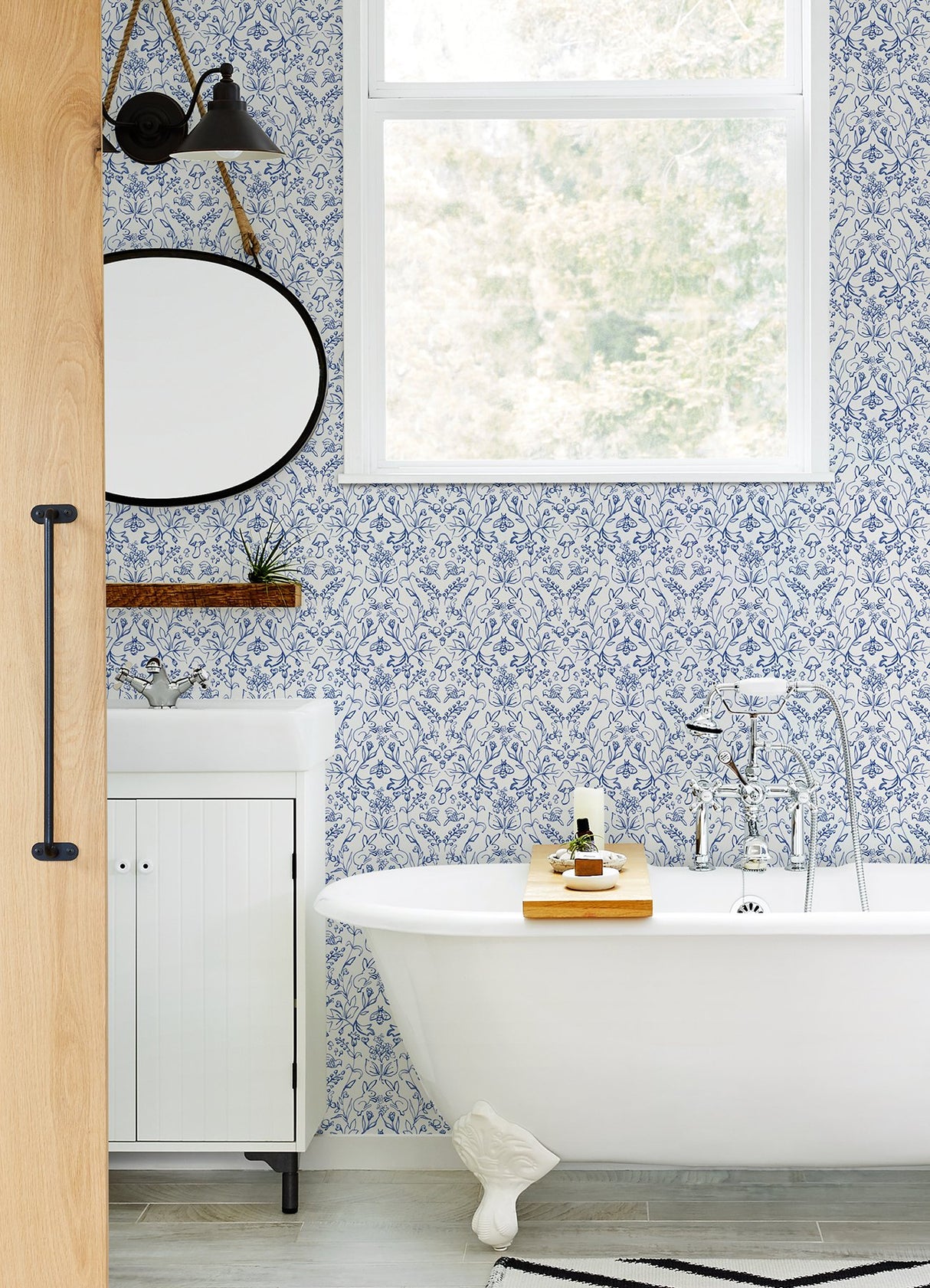 Meadow Blue Peel & Stick Wallpaper with Botanical Damask in Farmhouse Style - York RMK12663RL