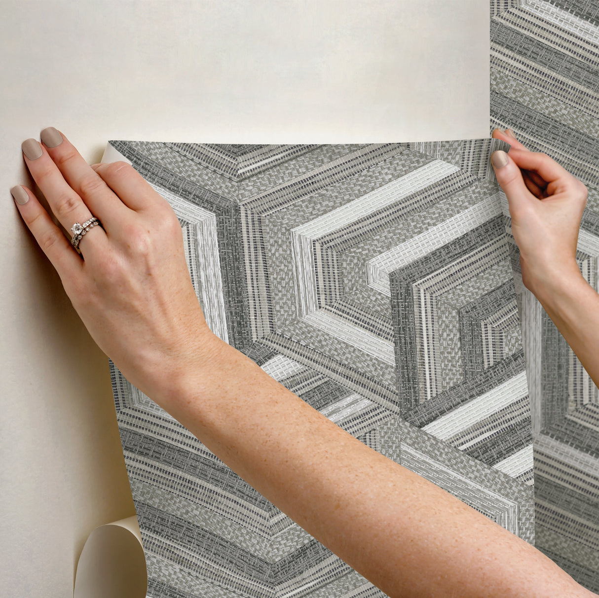 Geo Puzzle Neutral Faux Grasscloth Peel & Stick Wallpaper with Modern Graphic Motif - York RMK12677RL