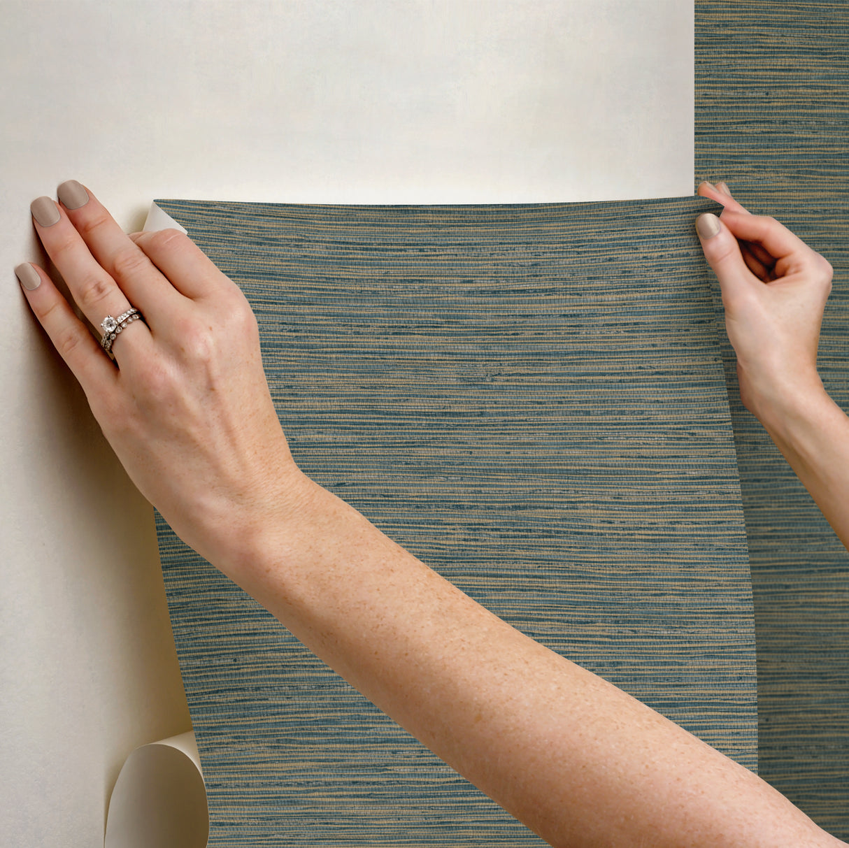 Dimensional Teal Grasscloth Peel & Stick Wallpaper with Metallic Raised Ink Texture - York RMK12684PLW