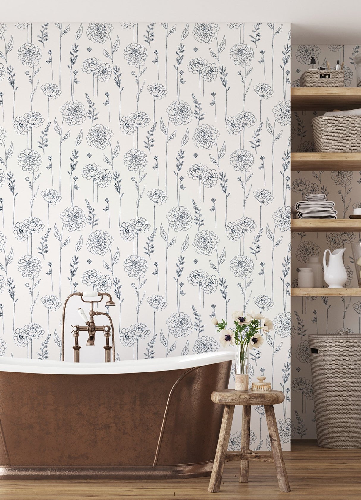 Maisey Navy Peel & Stick Wallpaper with Botanical Floral Pattern - York RMK12686PLW