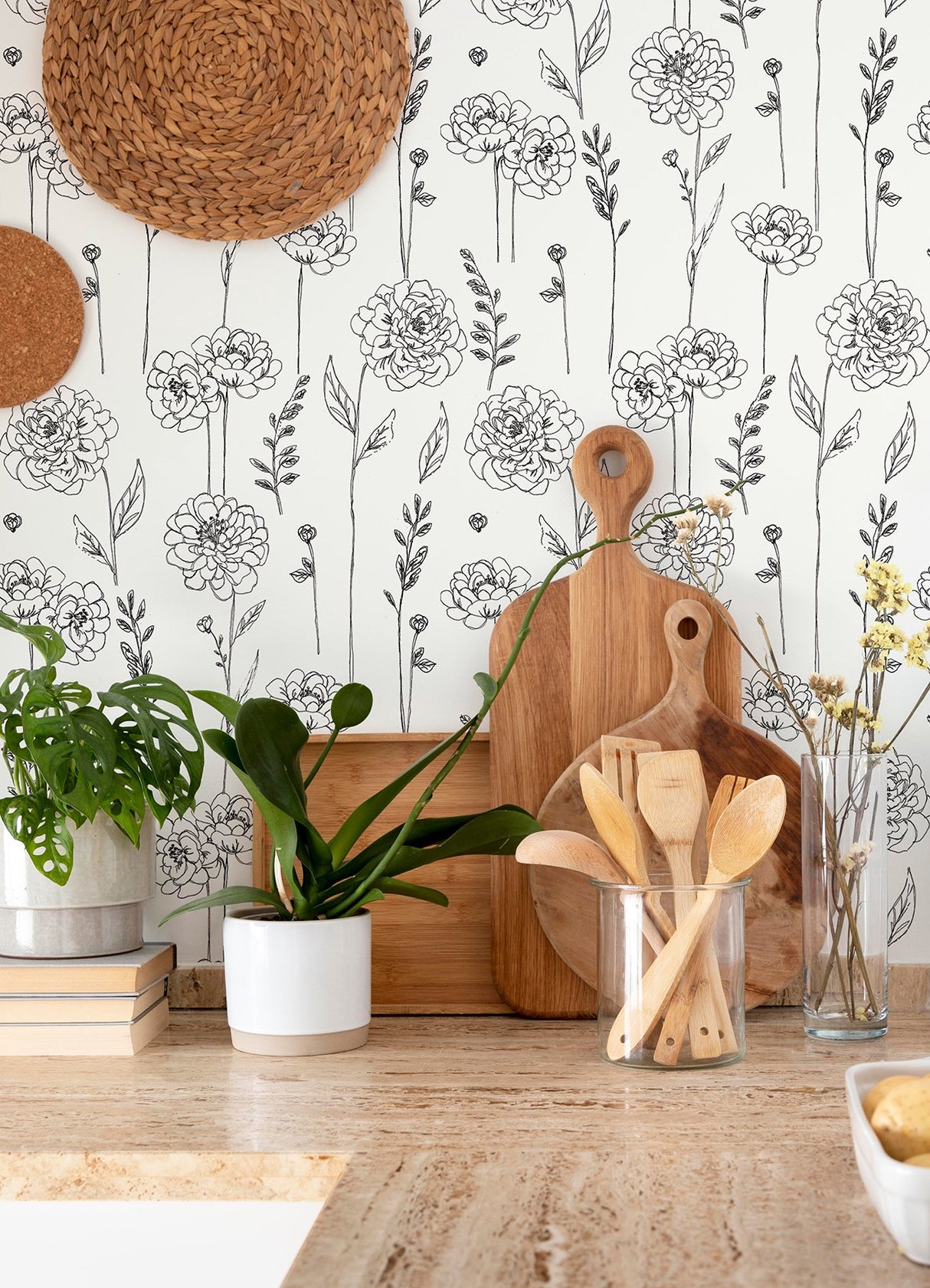 Maisey Black Peel & Stick Wallpaper with Botanical Floral Pattern - York RMK12687PLW