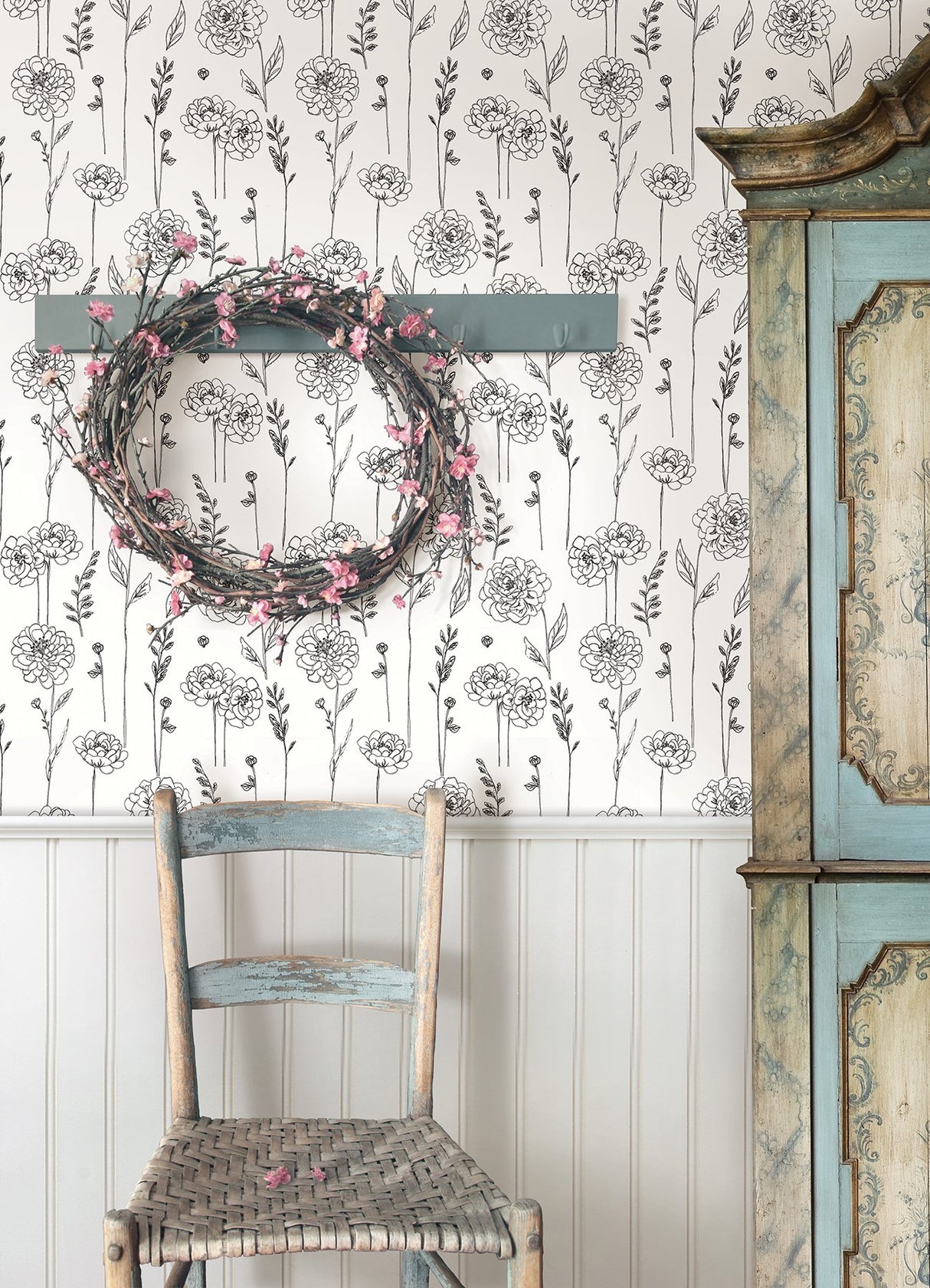 Maisey Black Peel & Stick Wallpaper with Botanical Floral Pattern - York RMK12687PLW