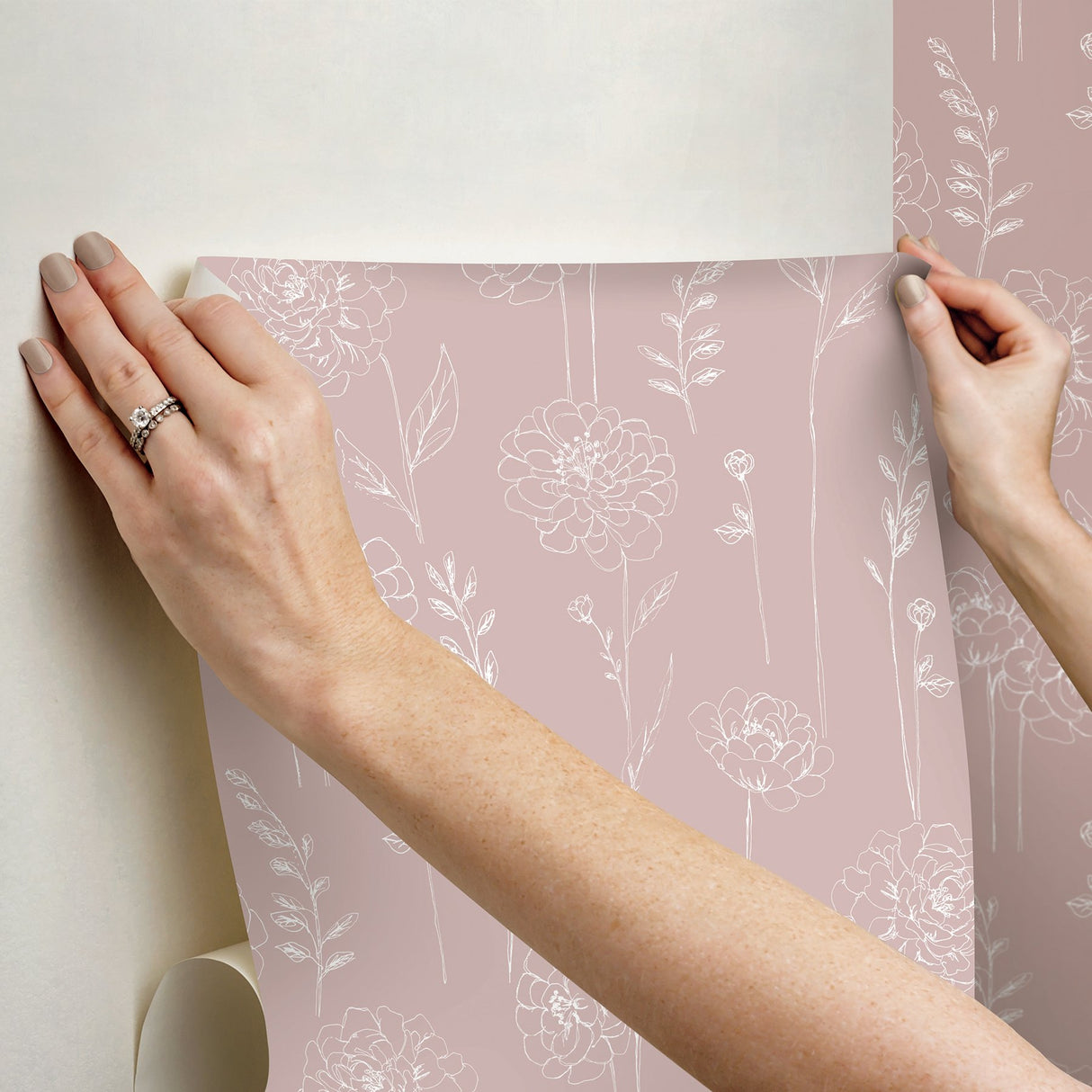 Maisey Pink Floral Peel & Stick Wallpaper with Cottagecore Botanical Pattern - York RMK12688PLW