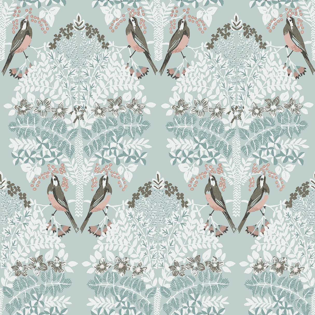 Otis Blue Multi Peel & Stick Wallpaper with Botanical Damask Sparrows - York RMK12689PLW