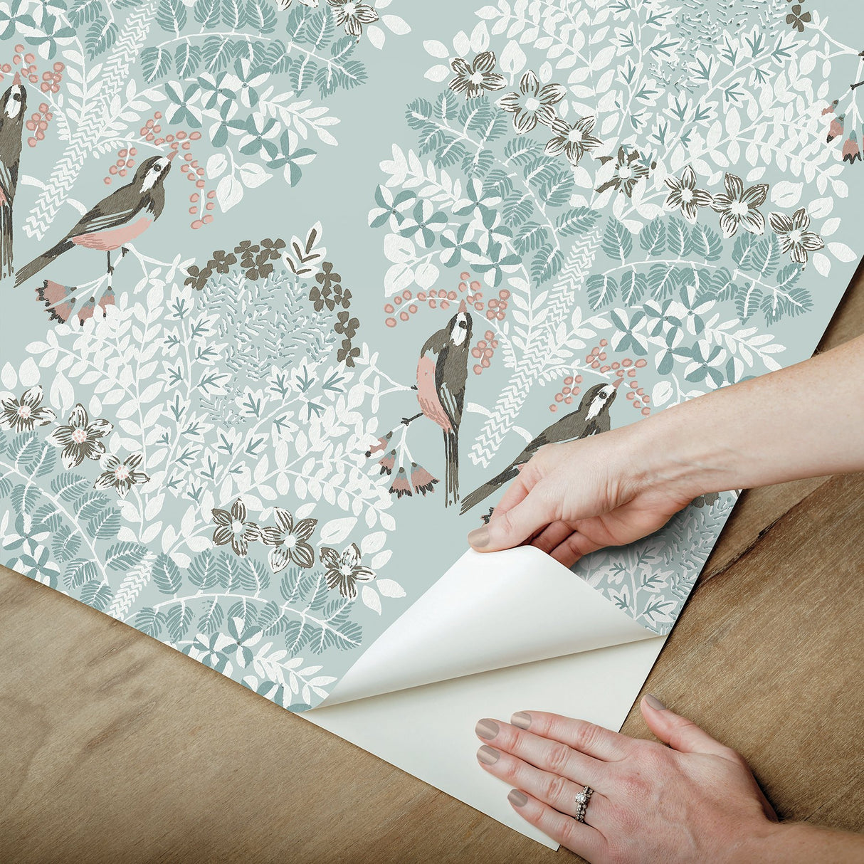 Otis Blue Multi Peel & Stick Wallpaper with Botanical Damask Sparrows - York RMK12689PLW