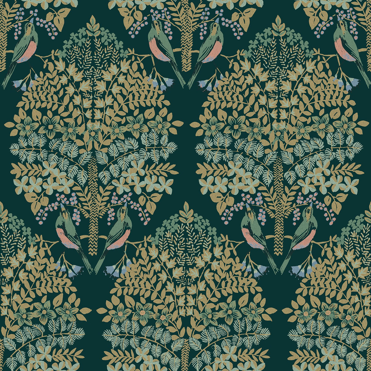 Otis Emerald Multi Peel & Stick Wallpaper with Botanical Damask and Sparrows - York RMK12690PLW