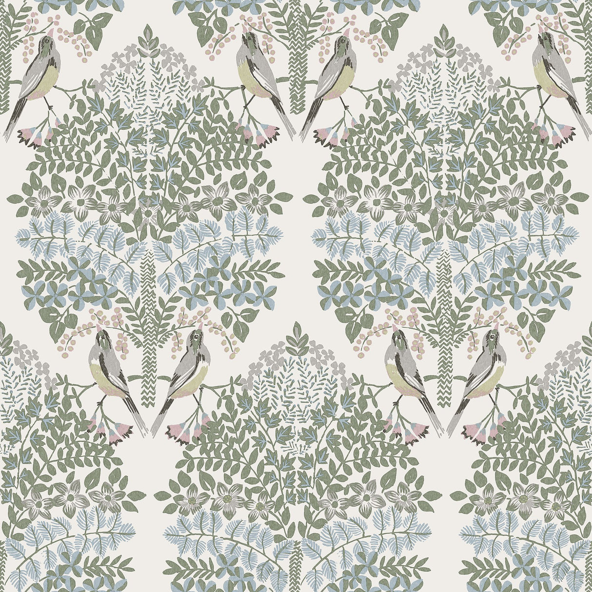 Otis Ivory Multi Peel & Stick Wallpaper with Botanical Damask and Sparrows - York RMK12691PLW