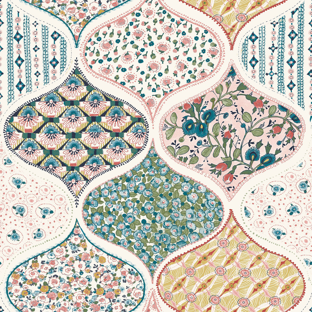 Pippa Warm Multi Peel & Stick Wallpaper with Cottagecore Floral Quilt Pattern - York RMK12692PLW