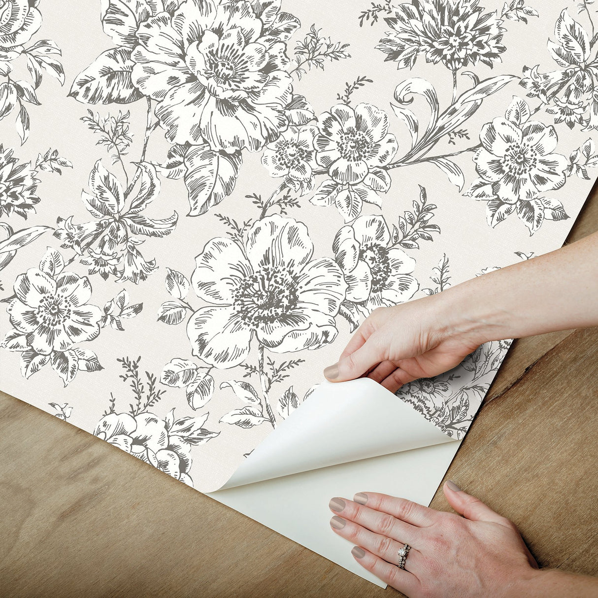Winifred Taupe Peel & Stick Wallpaper with Vintage Floral Botanical Pattern - York RMK12694PLW