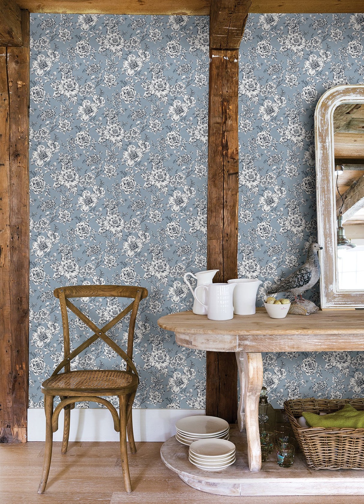 Winifred Blue Peel & Stick Wallpaper with Botanical Floral Country Pattern - York RMK12695PLW