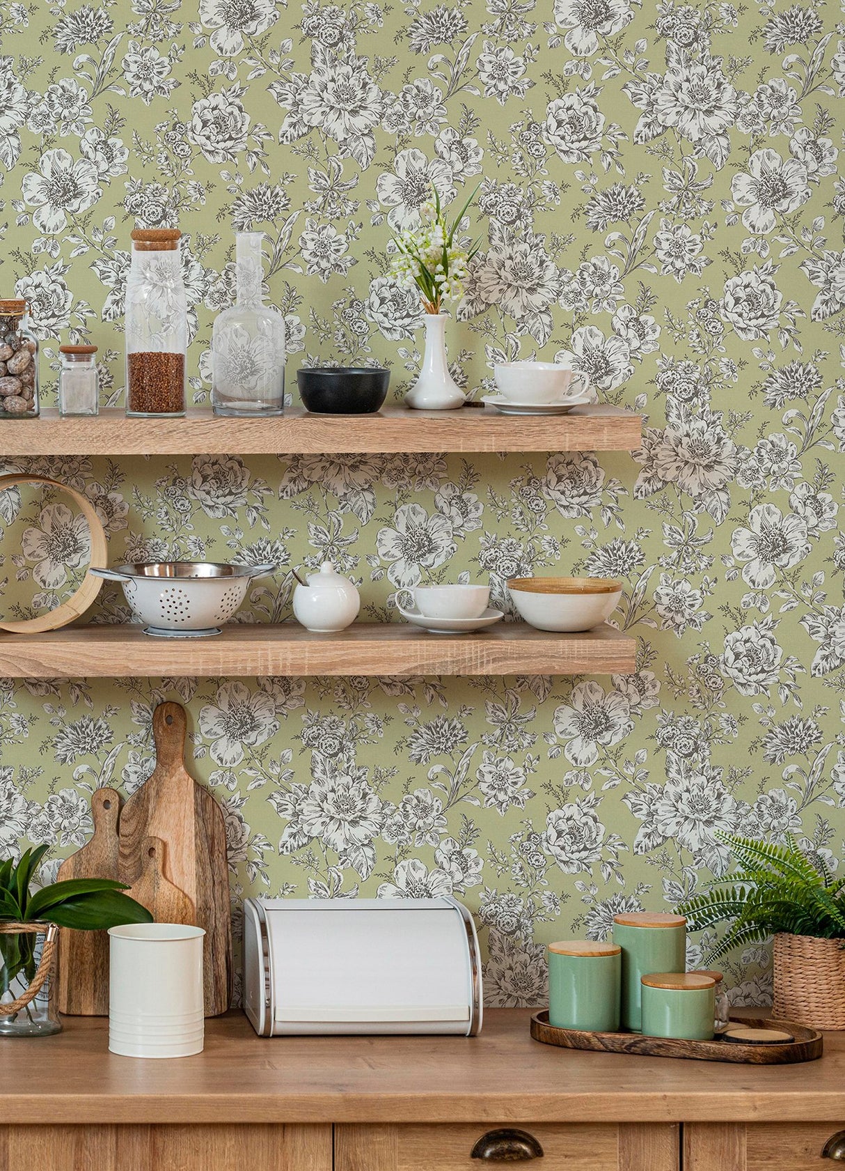 Winifred Green Peel & Stick Wallpaper with Vintage Floral Botanical Motif - York RMK12697PLW
