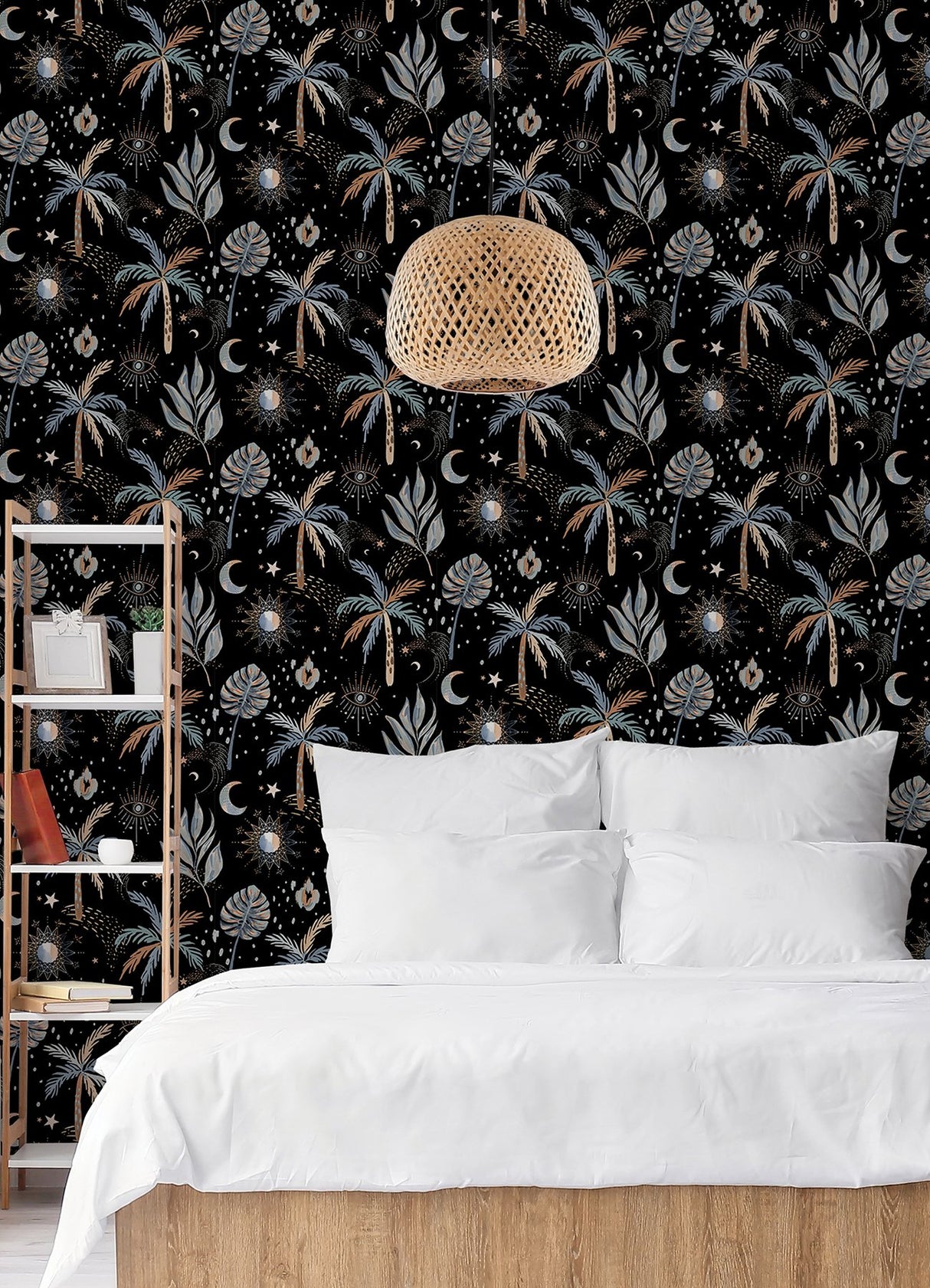 Nuit Tropicale Black Peel & Stick Wallpaper with Bohemian Tropical Graphics Pattern - York RMK12704PLW
