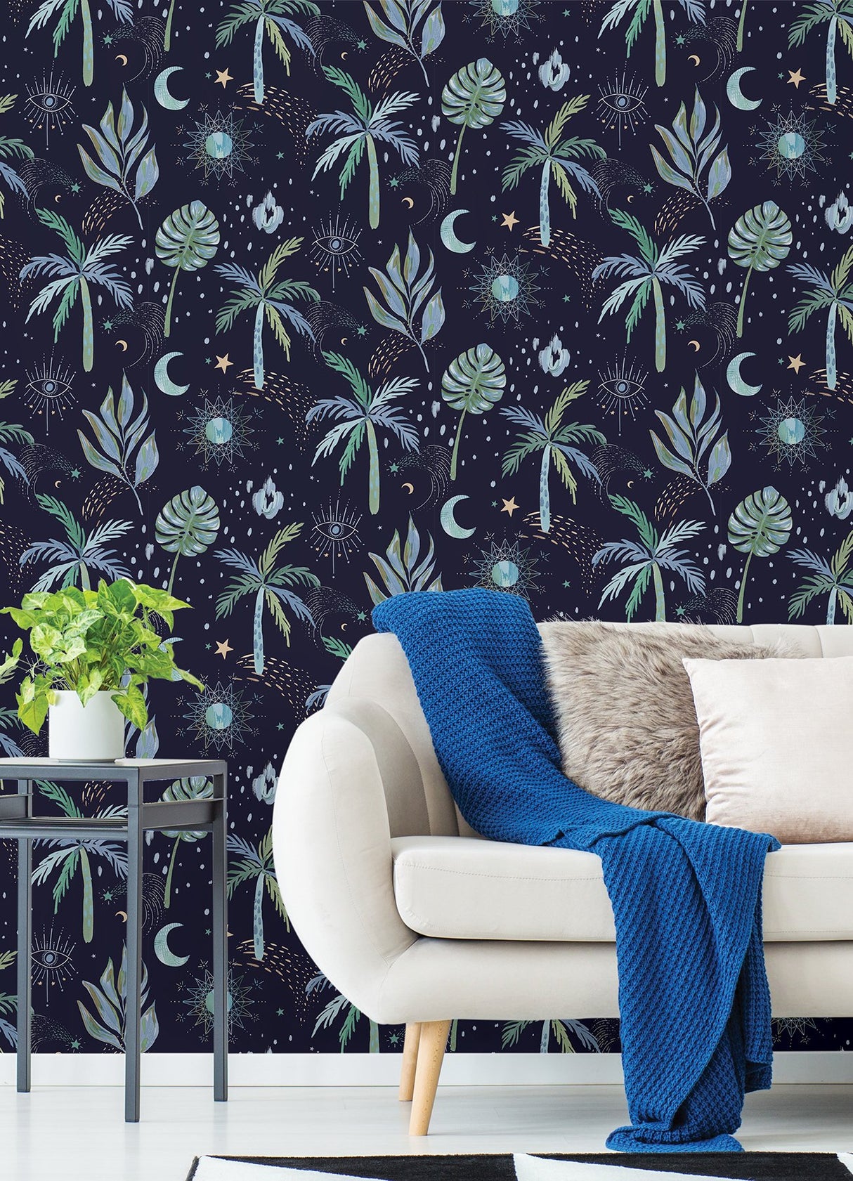 Nuit Tropicale Blue Peel & Stick Wallpaper with Bohemian Tropical Graphics - York RMK12705PLW