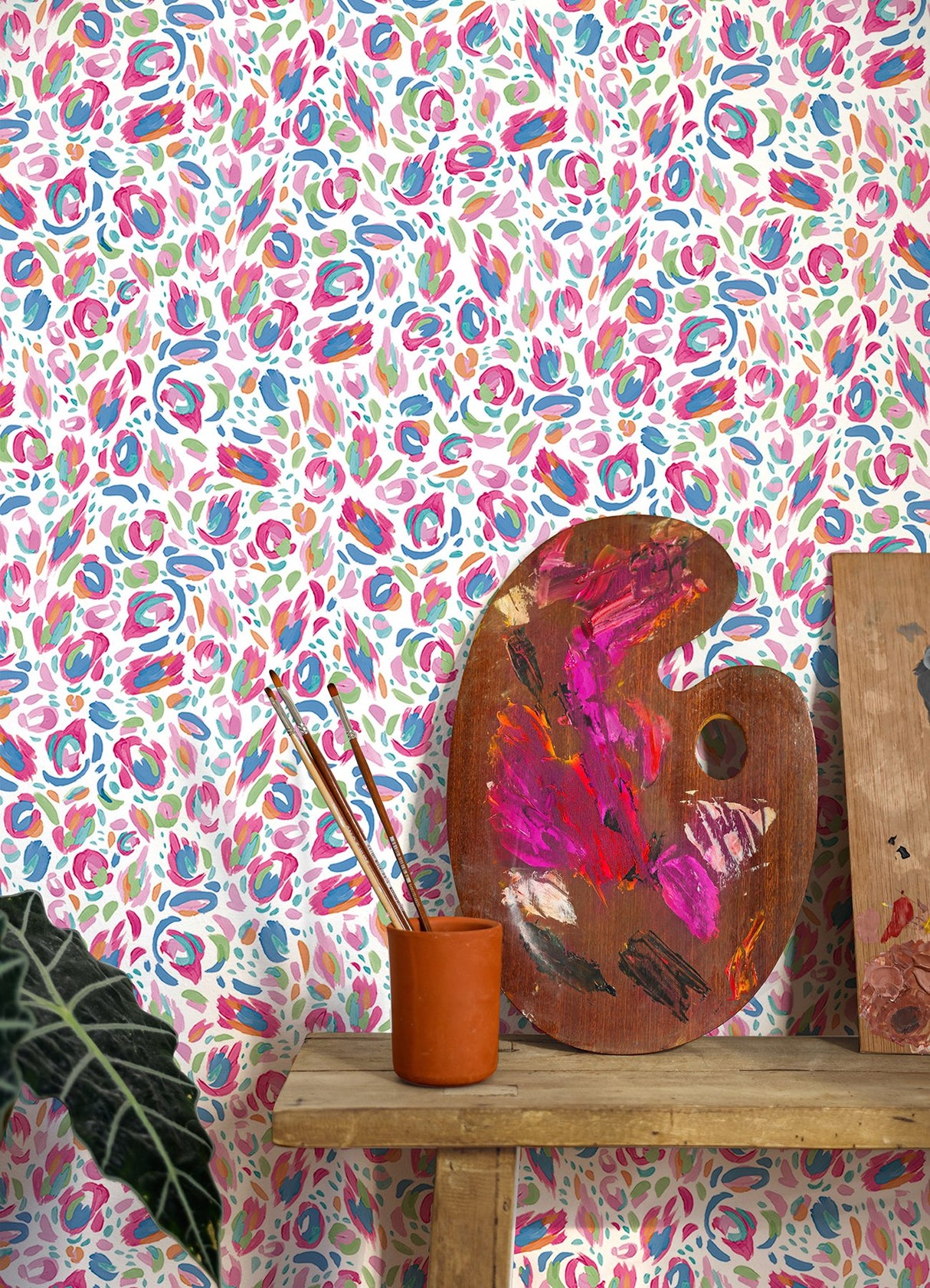 Brushstroke Leopard Red Multi Peel & Stick Wallpaper with Painterly Animal Print - RoomMates RMK12709PLW