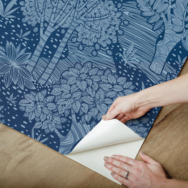 Perth Navy Peel & Stick Wallpaper with Botanical Tree Pattern - York RMK12717PLW