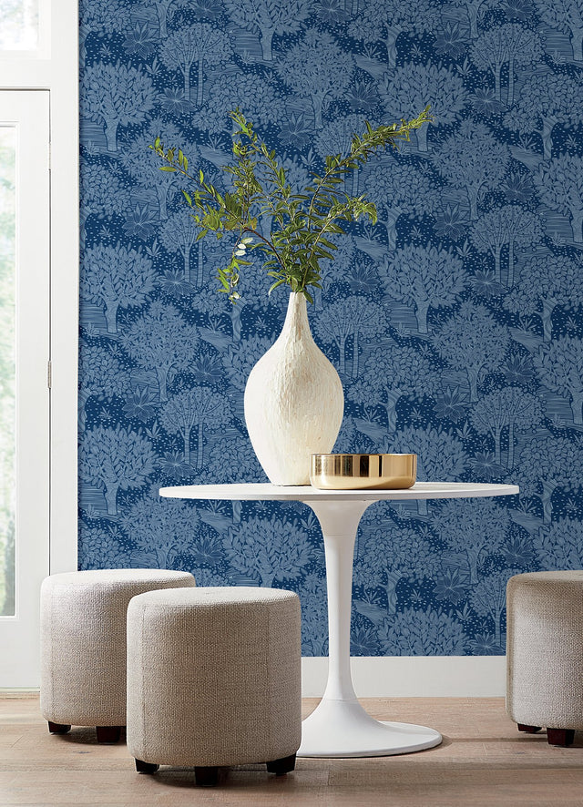 Perth Navy Peel & Stick Wallpaper with Botanical Tree Pattern - York RMK12717PLW