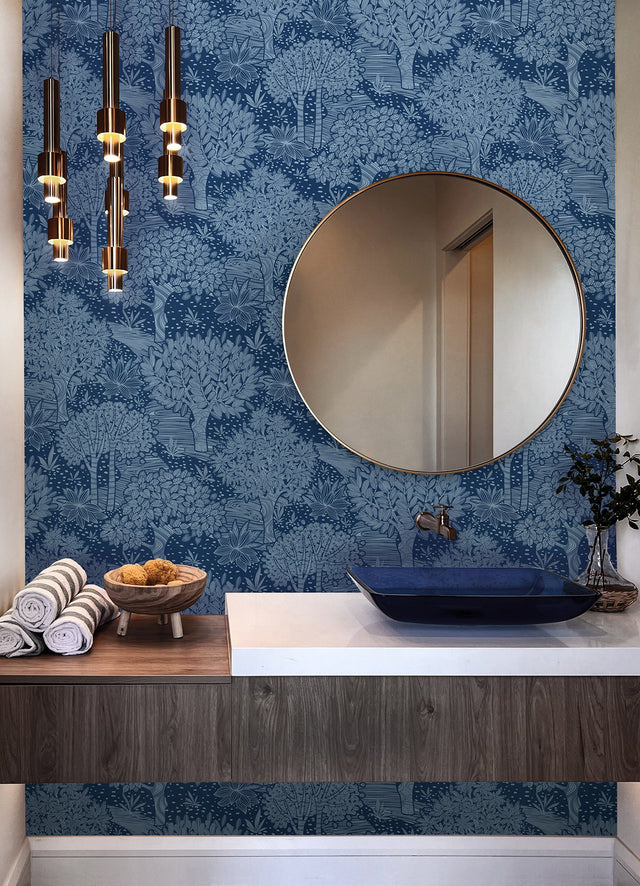 Perth Navy Peel & Stick Wallpaper with Botanical Tree Pattern - York RMK12717PLW