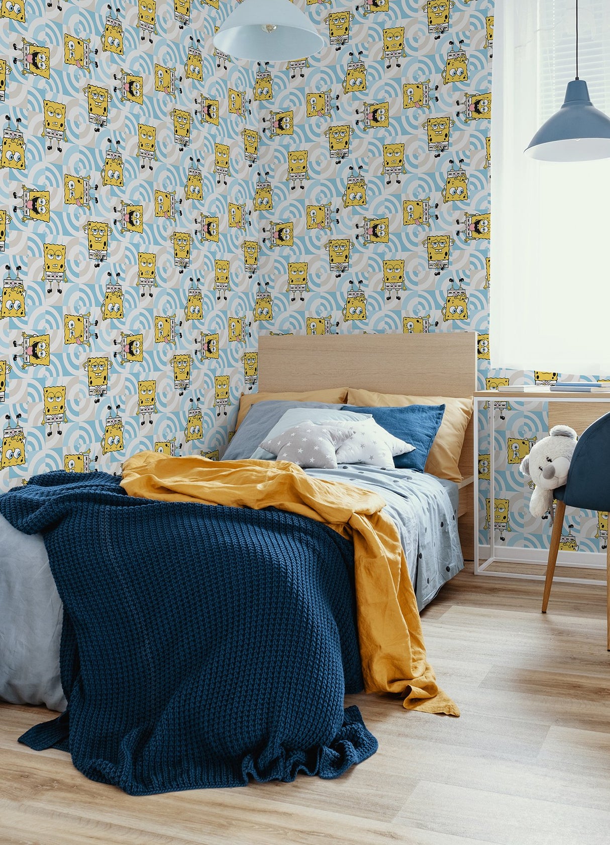 SpongeBob SquarePants Funny Faces Blue Peel & Stick Wallpaper with Novelty Graphics York RMK12746PLW