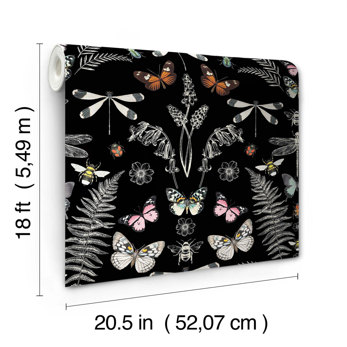Hidden Treasures Black Peel & Stick Wallpaper with Bohemian Butterfly & Insect Motif - York RMK12749PLW