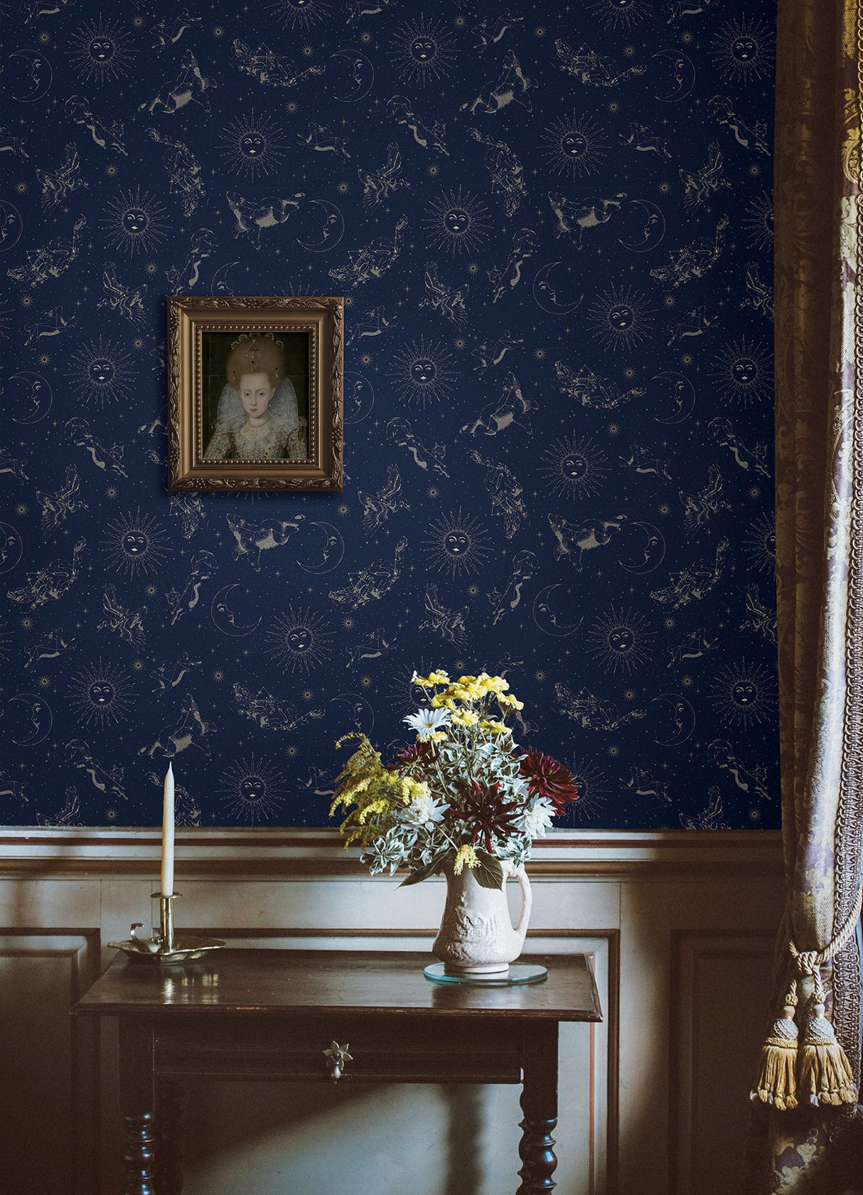 Zodiac Dreams Navy Peel & Stick Wallpaper with Stars and Celestial Constellation Motif - York RMK12753PLW
