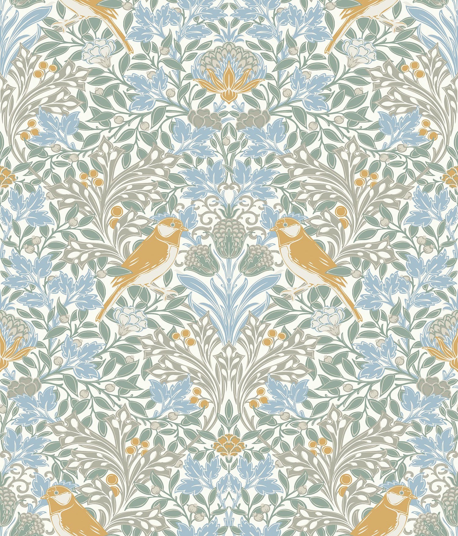 Garden Aviary Sky Blue Peel & Stick Wallpaper with Traditional Birds Damask - York RMK12754PLW