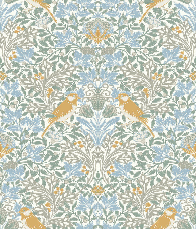 Garden Aviary Sky Blue Peel & Stick Wallpaper with Traditional Birds Damask - York RMK12754PLW
