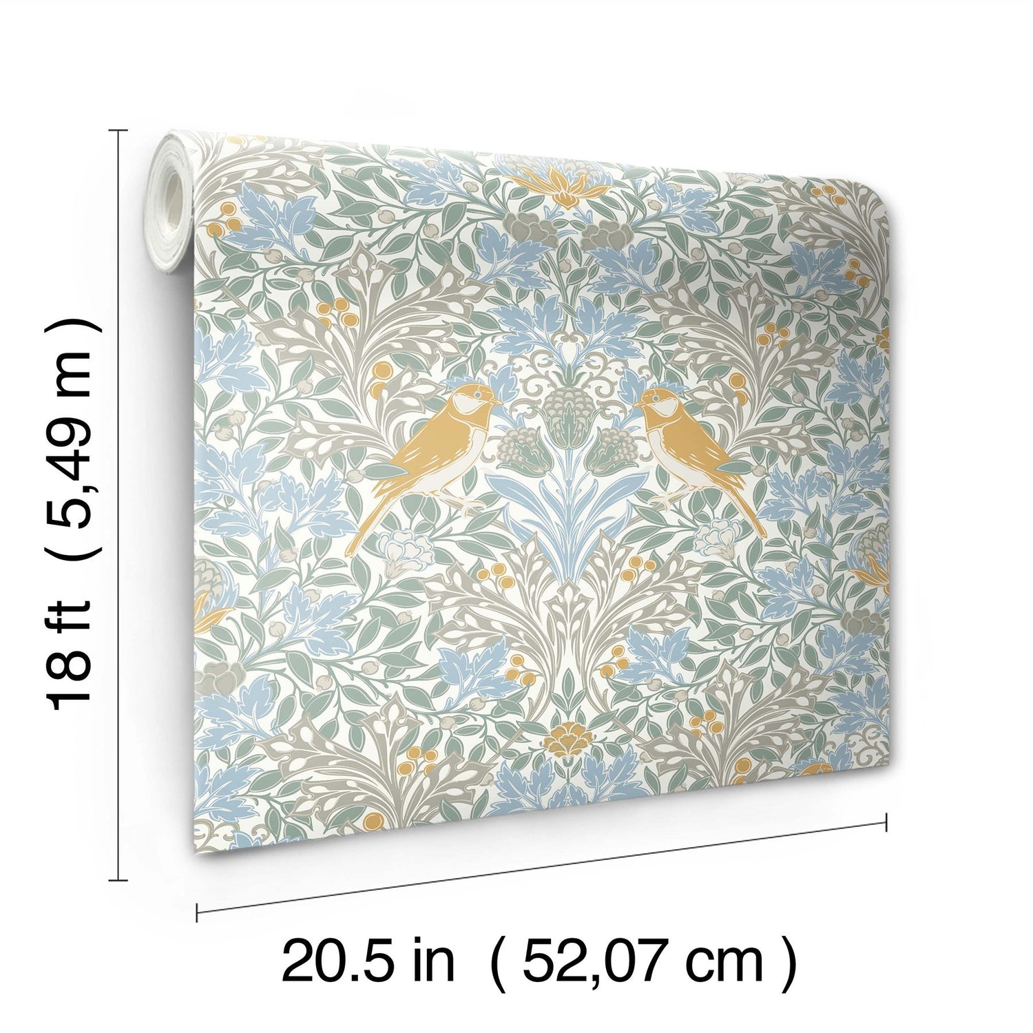 Garden Aviary Sky Blue Peel & Stick Wallpaper with Traditional Birds Damask - York RMK12754PLW