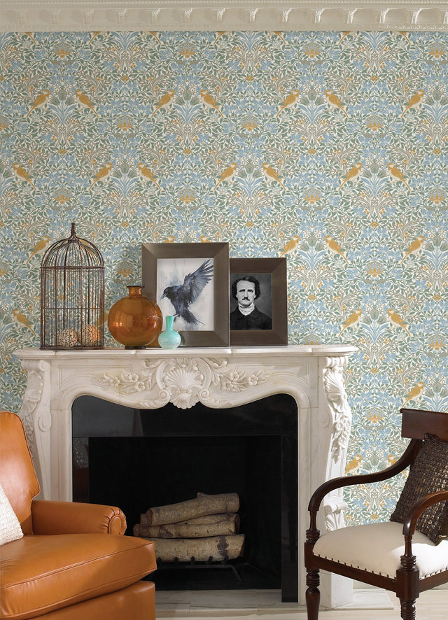 Garden Aviary Sky Blue Peel & Stick Wallpaper with Traditional Birds Damask - York RMK12754PLW