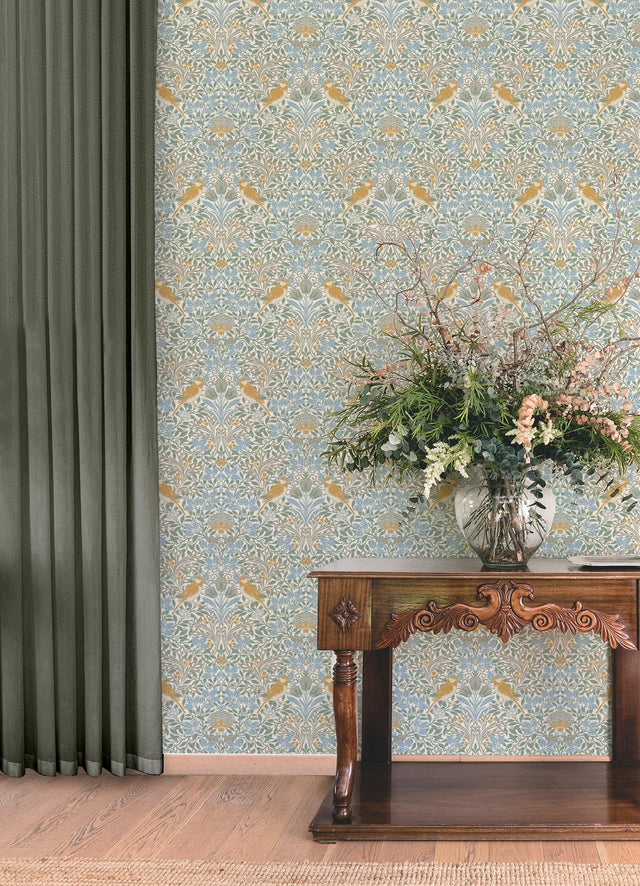 Garden Aviary Sky Blue Peel & Stick Wallpaper with Traditional Birds Damask - York RMK12754PLW