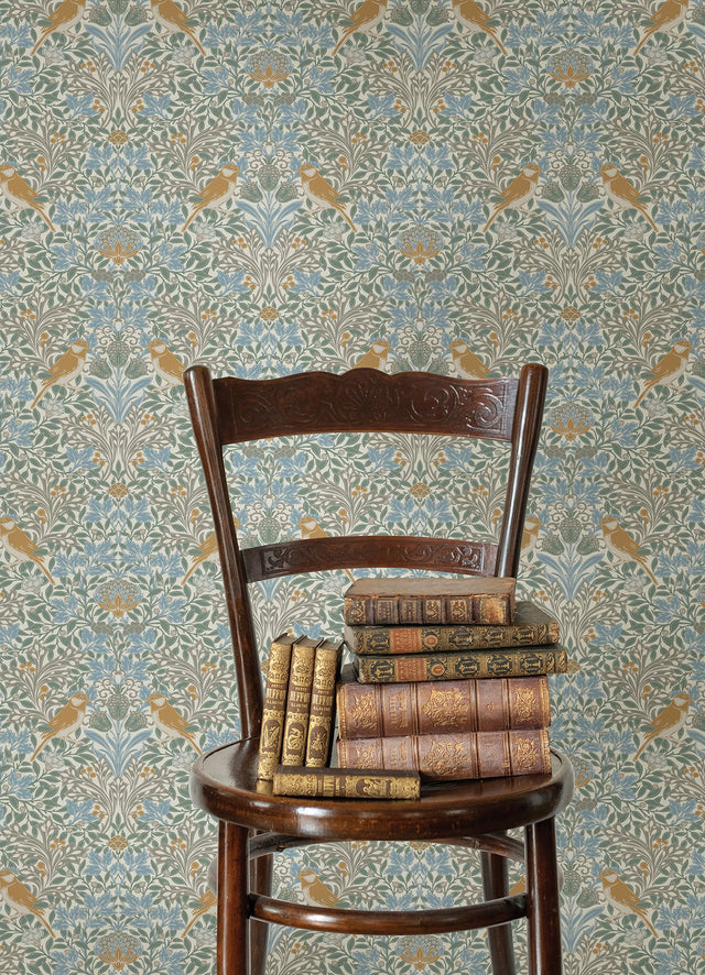 Garden Aviary Sky Blue Peel & Stick Wallpaper with Traditional Birds Damask - York RMK12754PLW