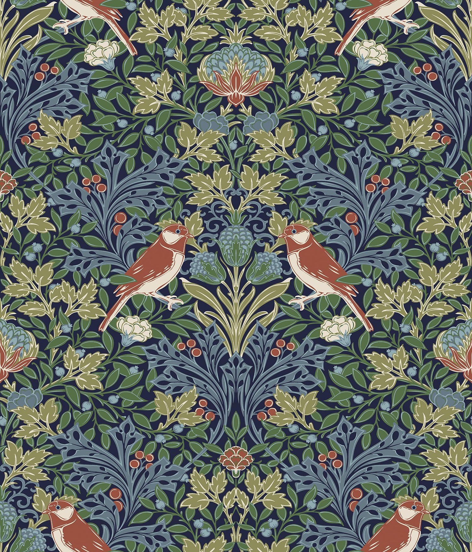Garden Aviary Jewel Peel & Stick Wallpaper in Blue/Red Botanical Damask with Birds - York RMK12755PLW