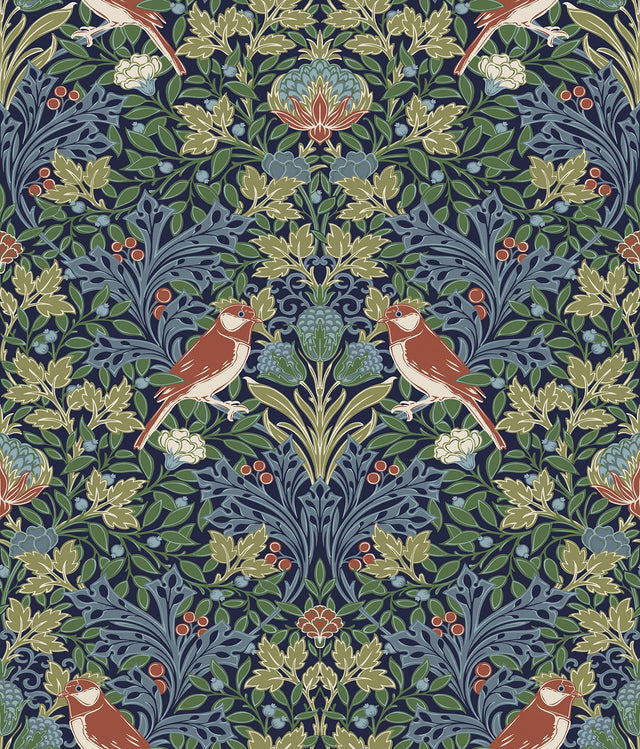 Garden Aviary Jewel Peel & Stick Wallpaper in Blue/Red Botanical Damask with Birds - York RMK12755PLW