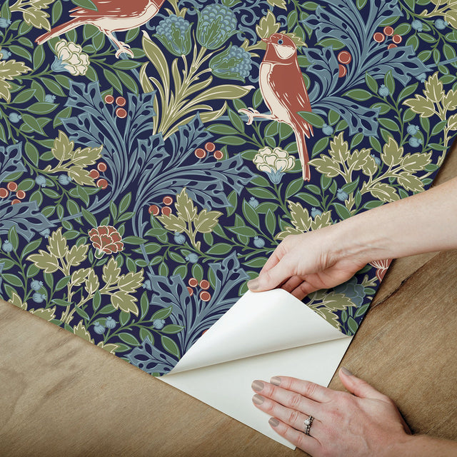 Garden Aviary Jewel Peel & Stick Wallpaper in Blue/Red Botanical Damask with Birds - York RMK12755PLW