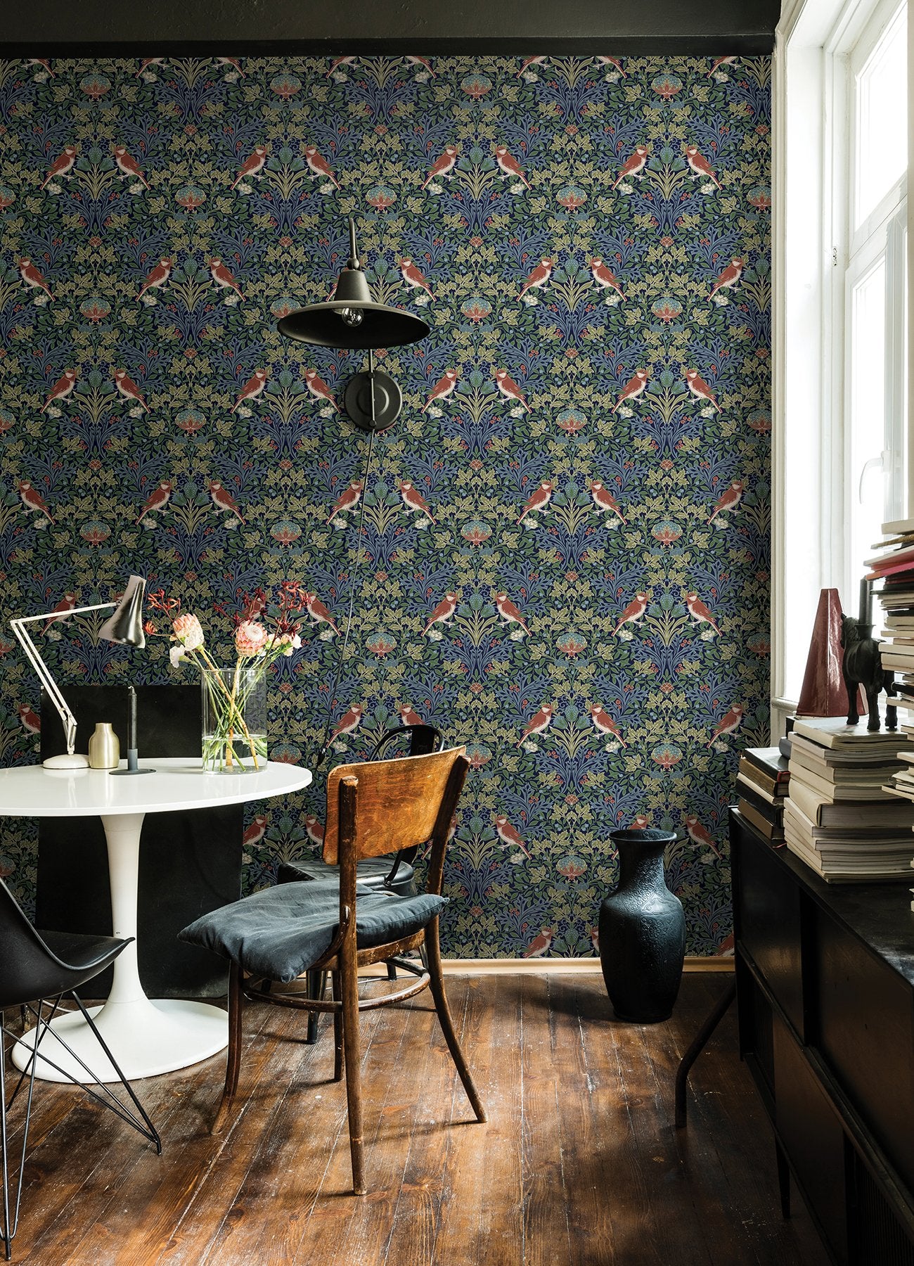 Garden Aviary Jewel Peel & Stick Wallpaper in Blue/Red Botanical Damask with Birds - York RMK12755PLW