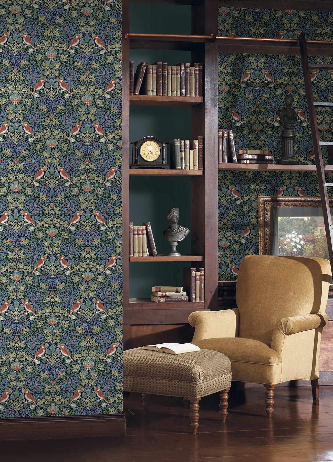 Garden Aviary Jewel Peel & Stick Wallpaper in Blue/Red Botanical Damask with Birds - York RMK12755PLW