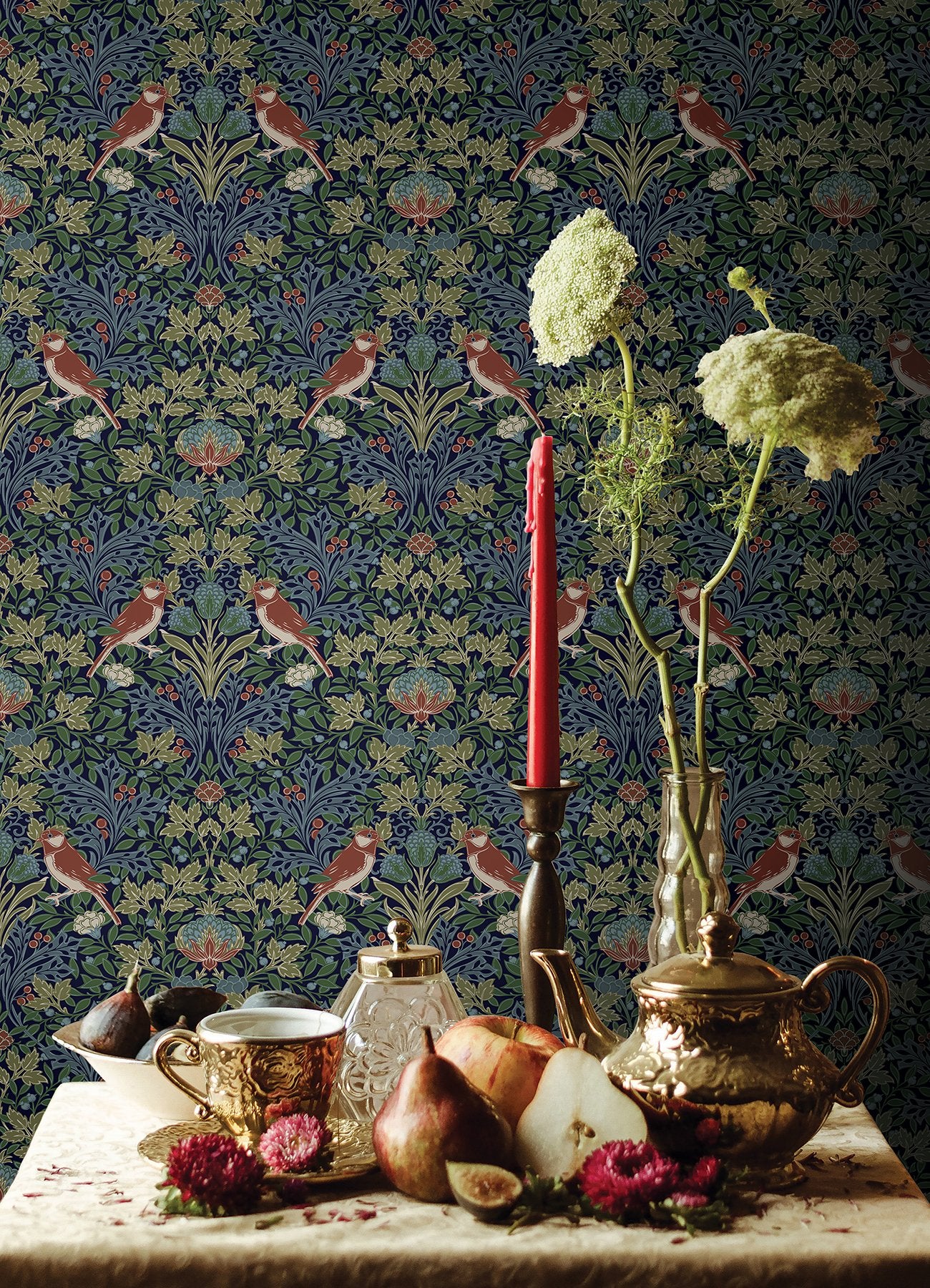 Garden Aviary Jewel Peel & Stick Wallpaper in Blue/Red Botanical Damask with Birds - York RMK12755PLW