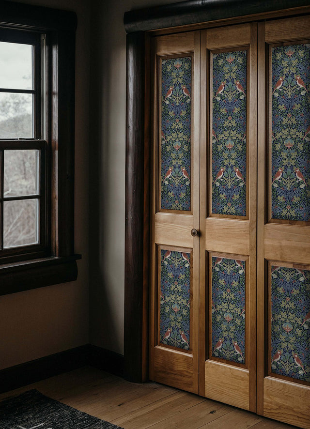 Garden Aviary Jewel Peel & Stick Wallpaper in Blue/Red Botanical Damask with Birds - York RMK12755PLW