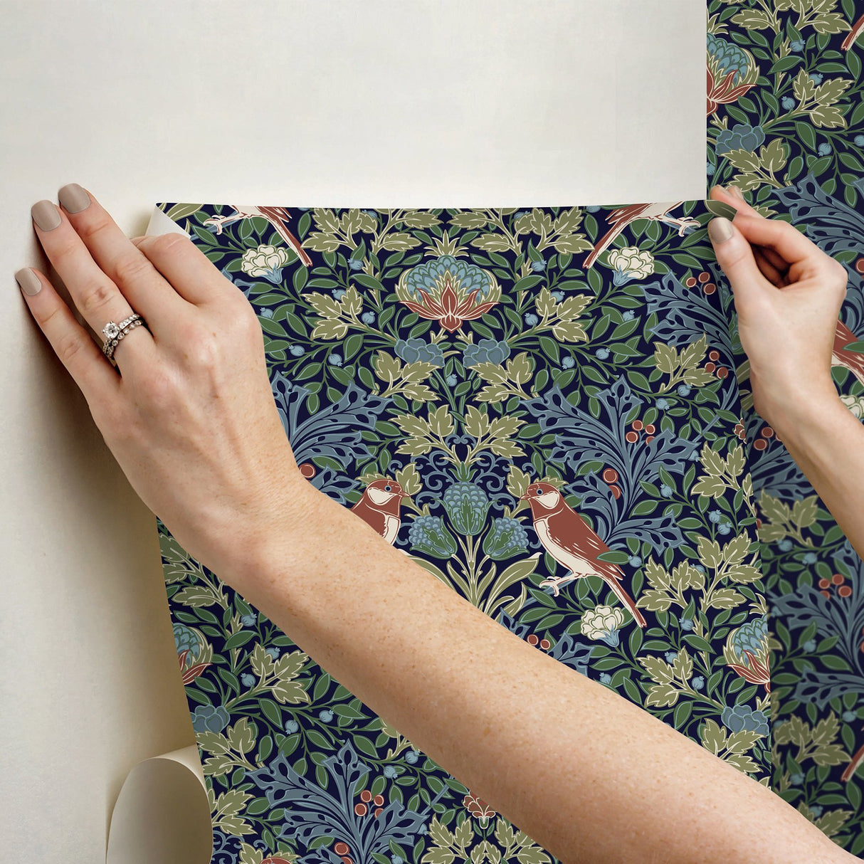 Garden Aviary Jewel Peel & Stick Wallpaper in Blue/Red Botanical Damask with Birds - York RMK12755PLW