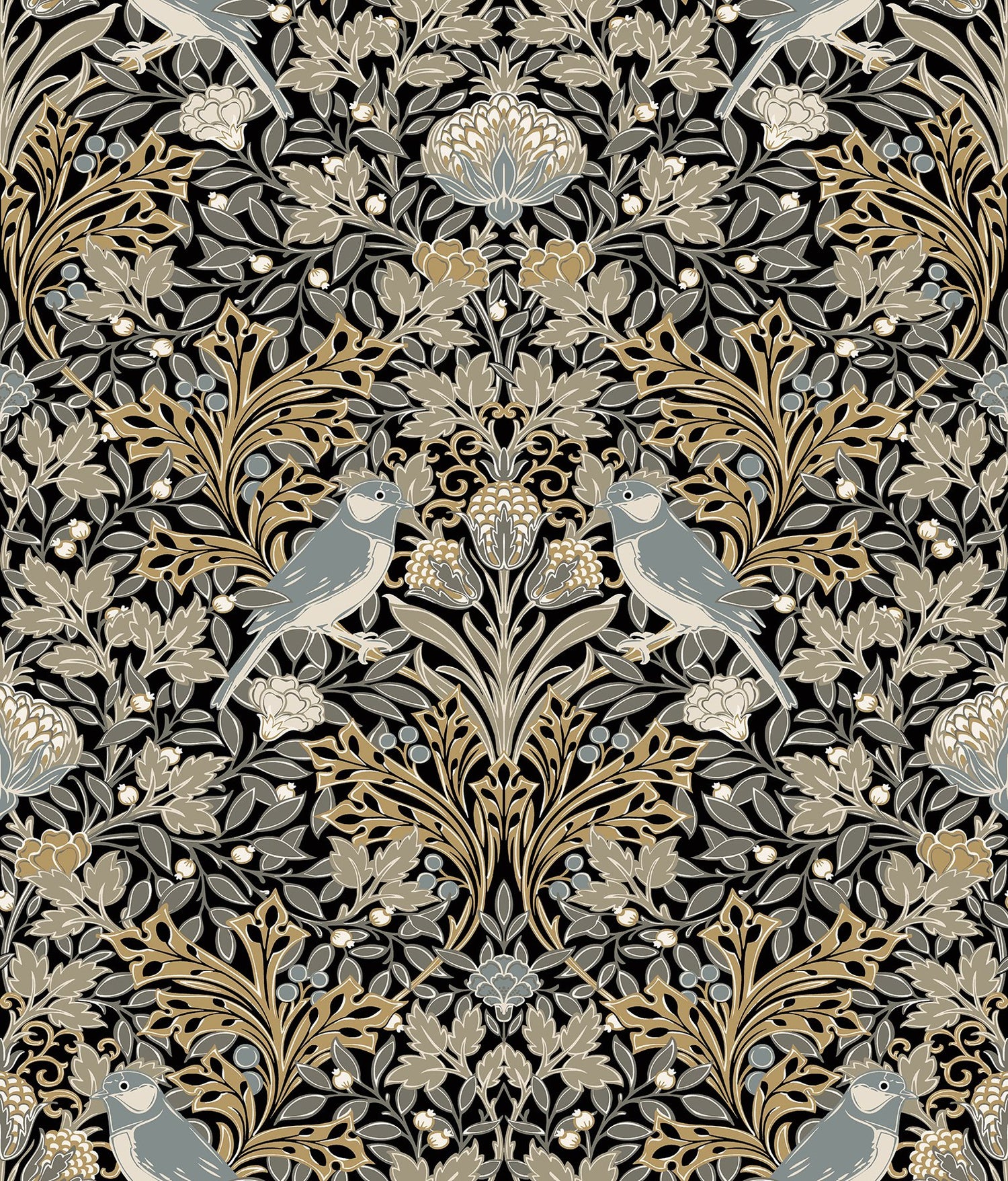 Garden Aviary Black Peel & Stick Wallpaper with Traditional Birds Botanical Damask - York RMK12756PLW